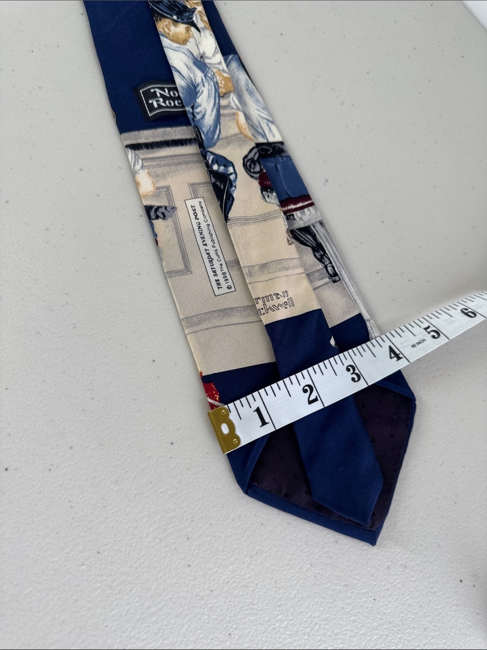 Vintage Norman Rockwell People Novelty Print Silk Navy Patterned Necktie - Picture 4 of 14